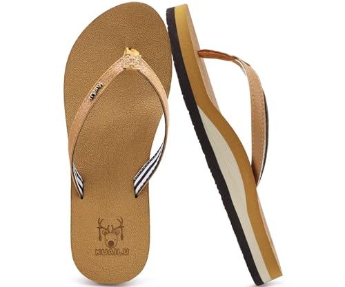 KuaiLu Flip Flops for Women Arch Support Summer Beach Sandals Khaki Size 8